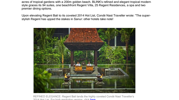 BLINK BASKS IN REFLECTED GLORY AS REGENT BALI LIGHTS UP CONDÉ NAST TRAVELLER'S 2014 'HOT LIST'