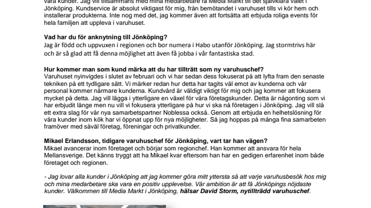 Media Markt välkomnar David Storm som ny varuhuschef för Media Markt i Jönköping!
