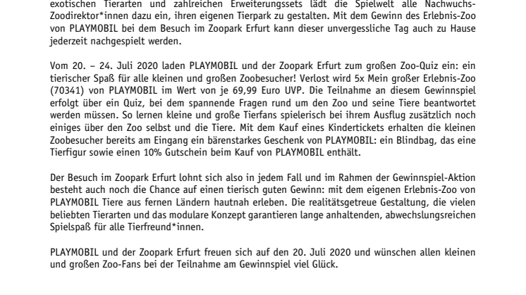 Tierischer Spaß zum Start in die Sommerferien: PLAYMOBIL und der Zoopark Erfurt laden zum großen Zoo-Quiz ein