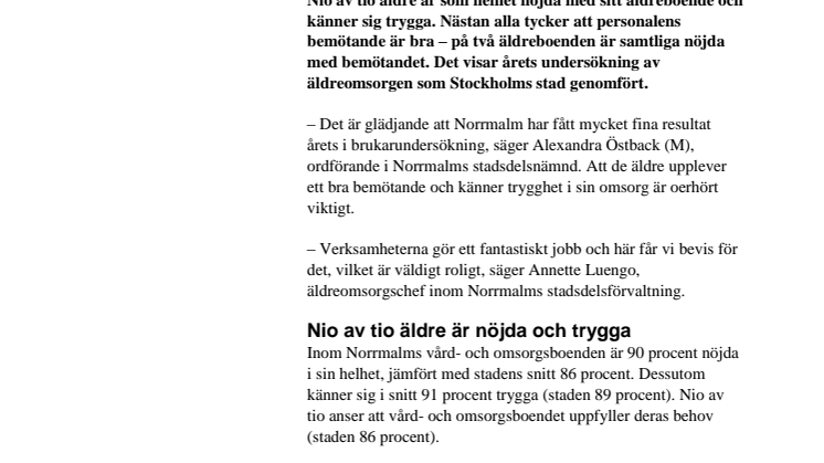 Norrmalms äldreomsorg får höga betyg