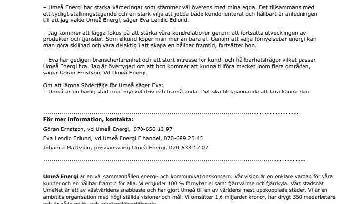 Ny vd för Umeå Energi Elhandel