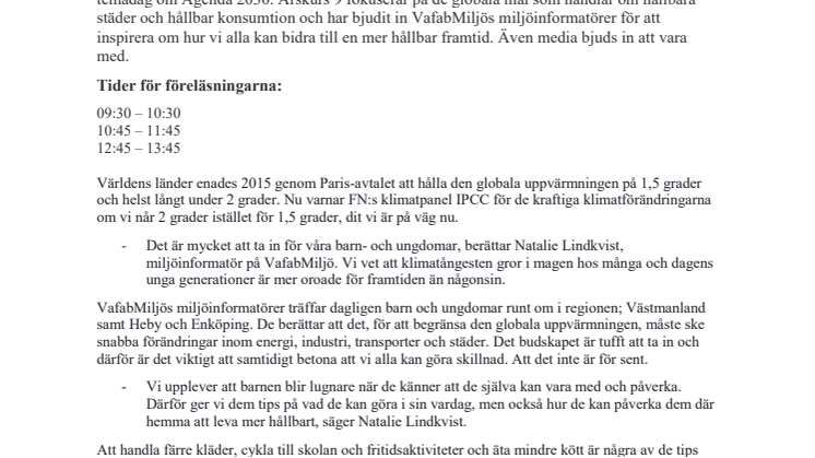 Pressinbjudan: Miljöinformatörer pratar miljö och klimatfrågor med elever på Ekebyskolan i Sala på FN-dagen