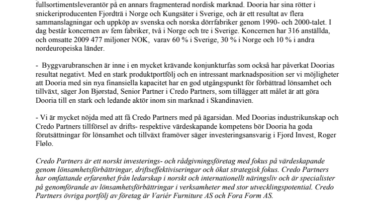 Credo Partners blir ny majoritetsägare i Dooria AS