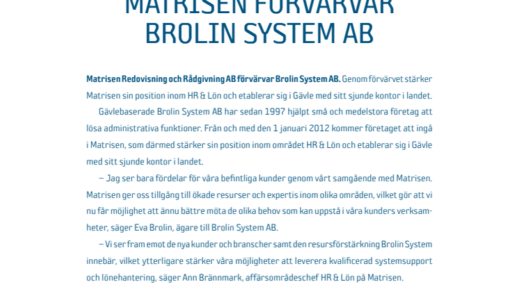 Matrisen förvärvar Brolin System AB