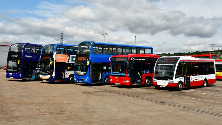 NEbus lineup including buses from Arriva North East, Stagecoach North East, L & G Coaches, Go North East and Stanley Travel