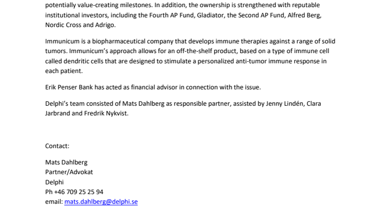 Delphi advisor to Immunicum in connection with rights and directed issue