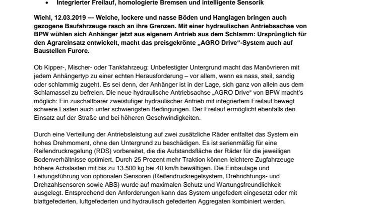 Vom Feld auf den Bau: Preisgekrönte Antriebsachse „AGRO Drive“ von BPW auch für Bau-Anhänger verfügbar