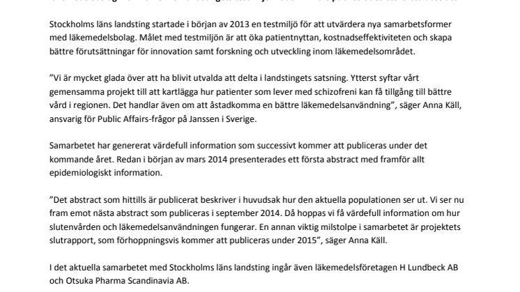 Janssen och Stockholms läns landsting samverkar kring schizofreni