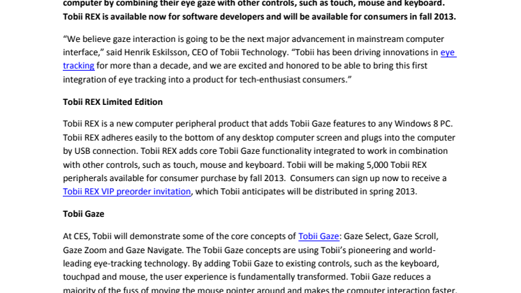 Tobii REX, World’s First Consumer Peripheral for Gaze Interaction, to be Unveiled at CES