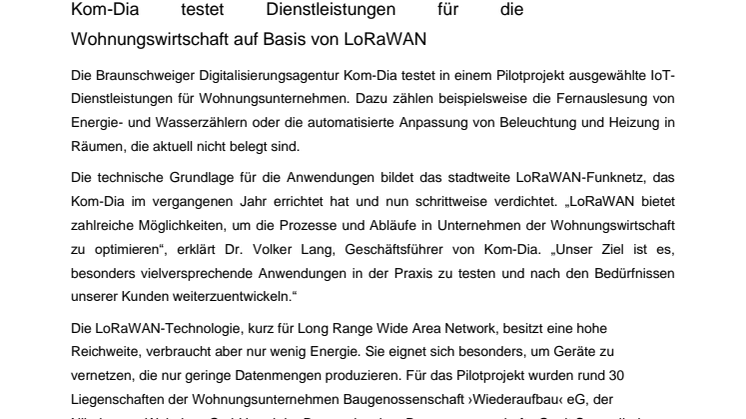 Pilotprojekt: Dienstleistungen für die Wohnungswirtschaft auf Basis von LoRaWAN 