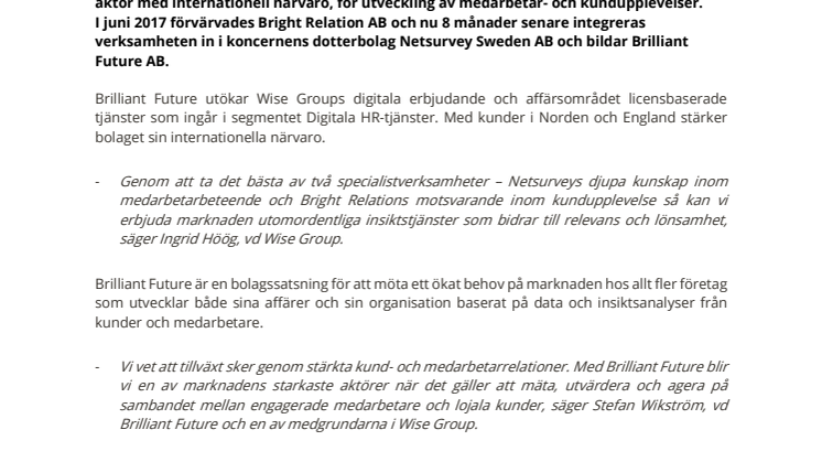 Wise Group AB (publ) lanserar Brilliant Future AB