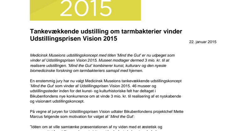 Tankevækkende udstilling om tarmbakterier vinder Udstillingsprisen Vision 2015
