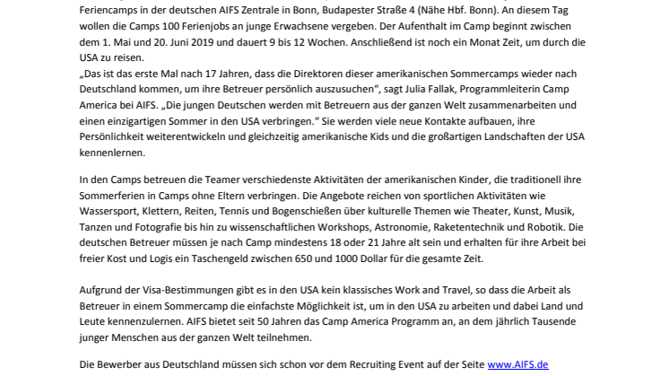 AIFS vermittelt 100 Sommerjobs in den USA 