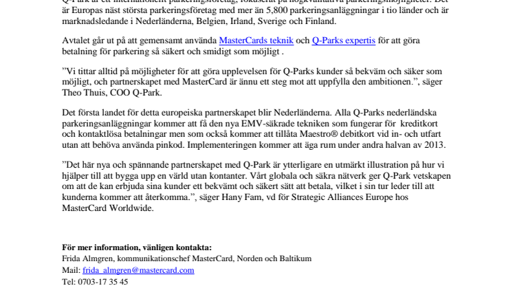 MasterCard ingår partnerskap med Q-Park