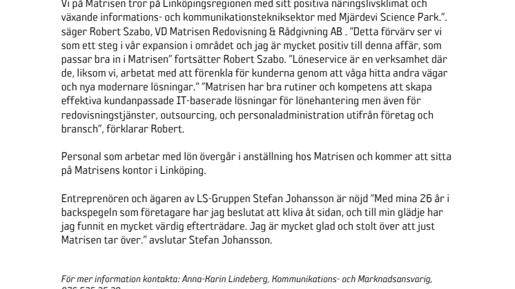 Matrisen växer i Linköping - förvärvar löneservice i Linköping