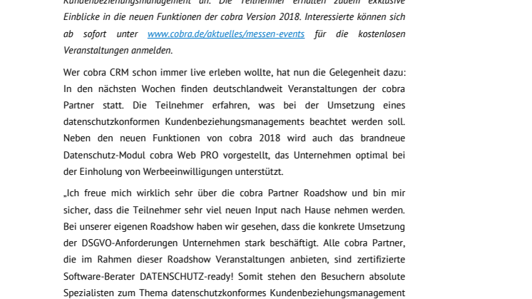 cobra Partner Roadshow 2018: CRM und Datenschutz