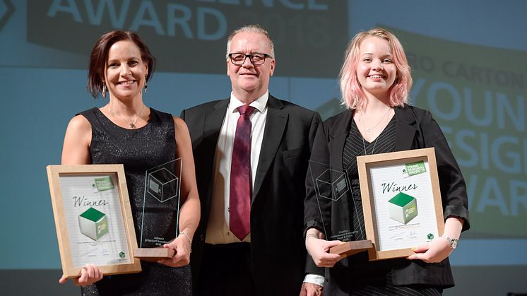 Marie Falk t.v. Mats Olsson i mitten och Erika Svensson t.h. Foto från Pro Carton Young Designers Award 2018