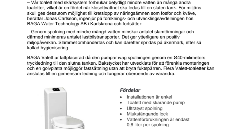  Valett – ny snålspolande toalett från BAGA