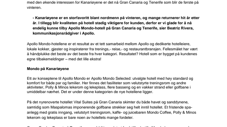 Nyhet! Apollo lanserer to nye Apollo Mondo hotell