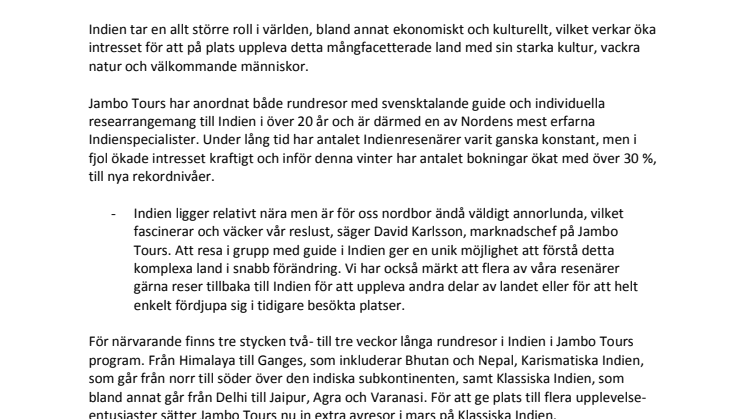 Indien växer som resmål - stor ökning för Jambo Tours som sätter in extraplatser