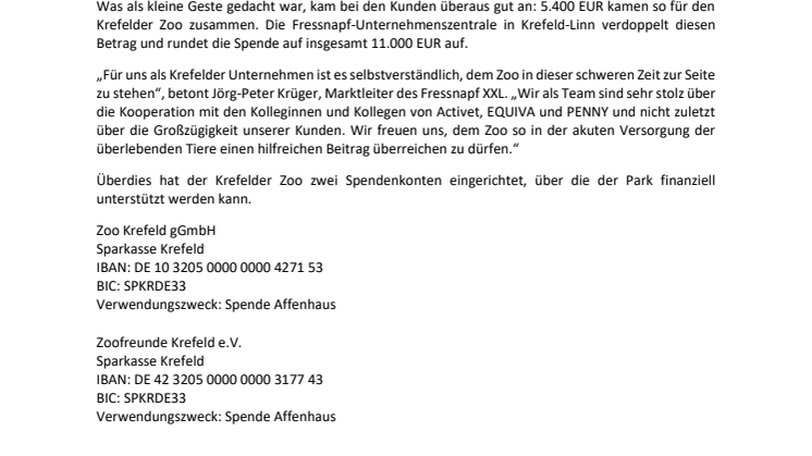 „Nachbarschaftshilfe“ für den Krefelder Zoo: Fressnapf XXL Krefeld und Unternehmenszentrale spenden aus Kundenaktion 11.000 Euro