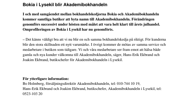 Bokia i Lysekil blir Akademibokhandeln 
