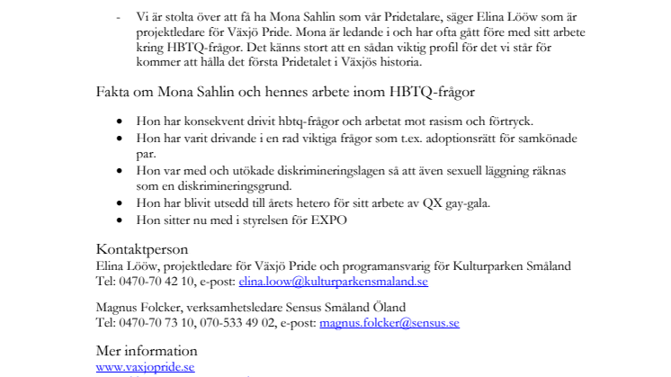 Mona Sahlin blir Pridetalare i Växjö