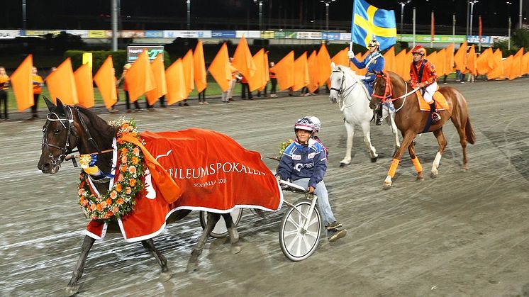 Fjolårets vinnare av Jubileumspokalen, Makethemark tillsammans med kusken Ulf Ohlsson och skötaren Anne Raatikainen. Foto: Maria Holmén/TR Bild