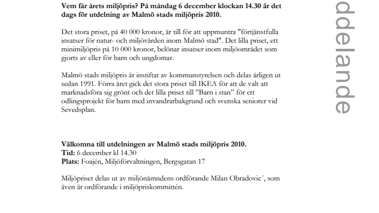 Malmö stads miljöpris 2010