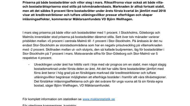 Kommentar till Svensk Mäklarstatistik: ”Fortsatt stabilt, men kreditrestriktioner pressar omsättningstakten” 