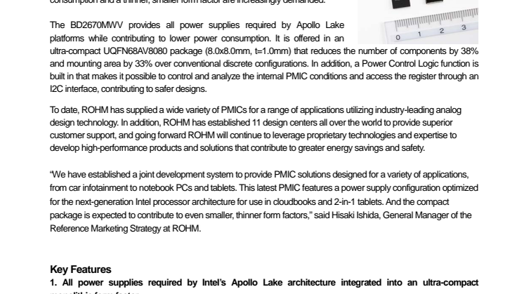 New Power Management IC Optimized for Intel’s Next-Generation Apollo Lake Chip Architecture ---Contributes to smaller, thinner, lower power designs for cloudbooks and 2-in-1 tablets