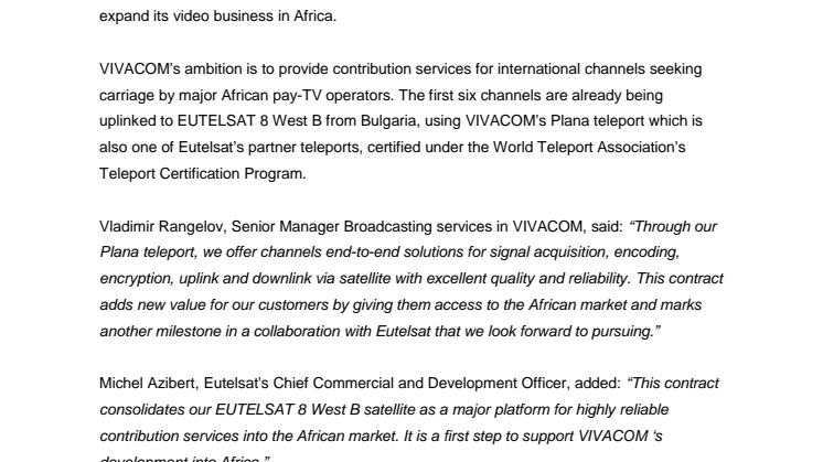 VIVACOM picks EUTELSAT 8 West B satellite for broadcast clients in Africa