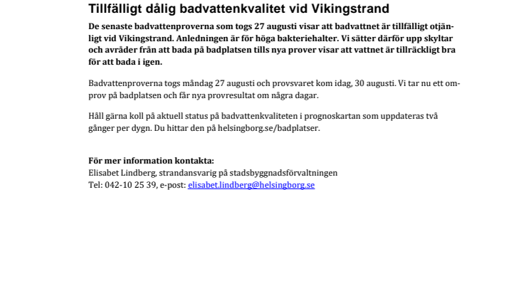 Tillfälligt dålig badvattenkvalitet vid Vikingstrand