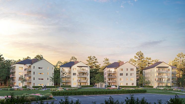 Brf Sanatorieparken i Adolfsberg, Örebro, uppförs med glasade balkonger, uteplatser, högt i tak och med arkitektoniska referenser till en gammal sanatoriebyggnad. Bild: Eyra Bostad