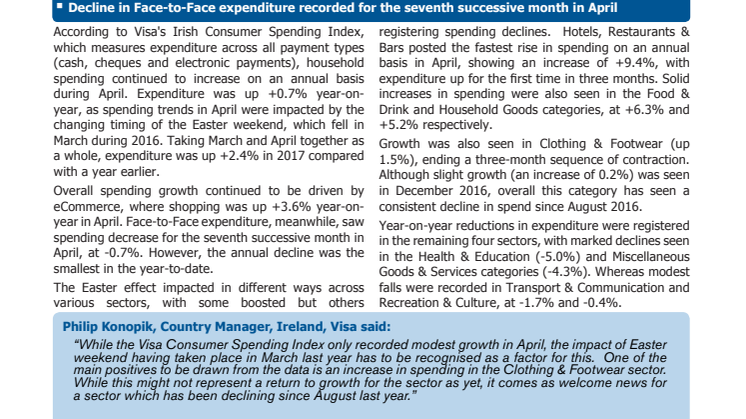 Irish consumer spending rises +0.7% year-on-year in April