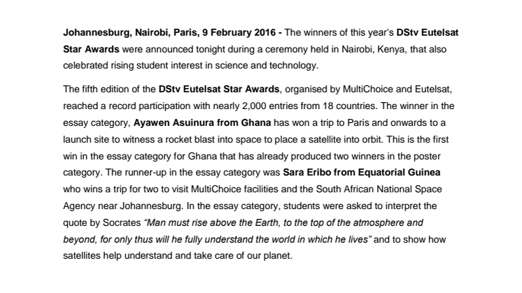 Ghana and Zimbabwe students scoop top honours at 5th edition of DStv Eutelsat Star Awards organised by MultiChoice Africa and Eutelsat 