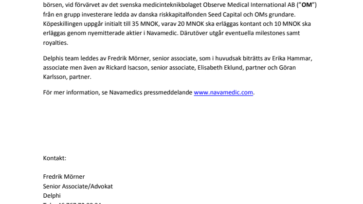 Delphi har biträtt Navamedic ASA vid förvärv av Observe Medical International AB med dotterbolag
