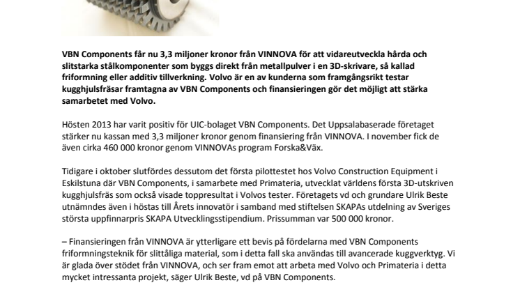 VBN Components får 3,3 mkr från VINNOVA