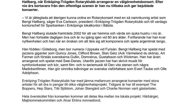 Jazzpianisten Bengt Hallberg ger Rotarykonsert i Enköping