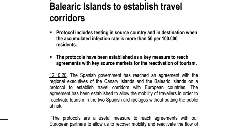 Spanish Government agrees protocols with the Canary Islands and Balearic Islands to establish travel corridors  