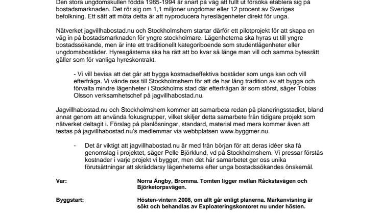 Stockholmshem och jagvillhabostad.nu samarbetar om nyproduktion för unga