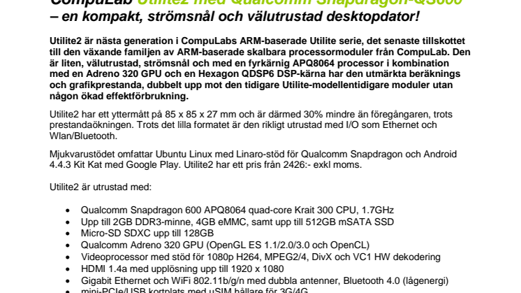 CompuLab Utilite2  – en kompakt, strömsnål och välutrustad desktopdator