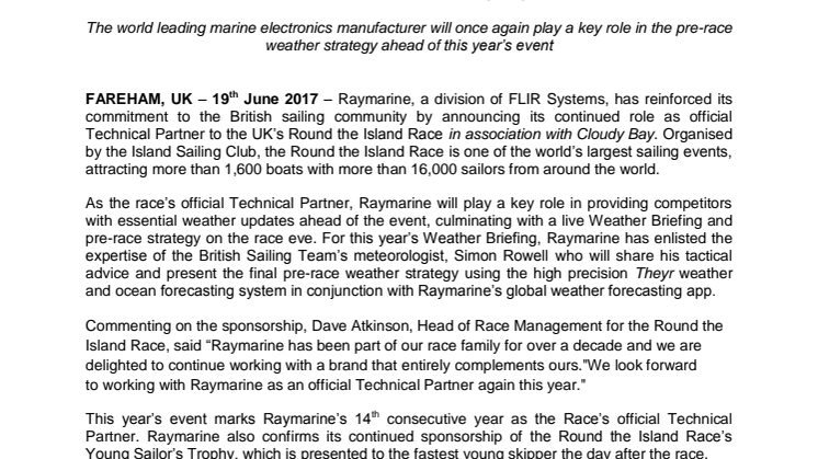 Raymarine: Raymarine named Technical Partner for UK’s Round the Island Race  in association with Cloudy Bay