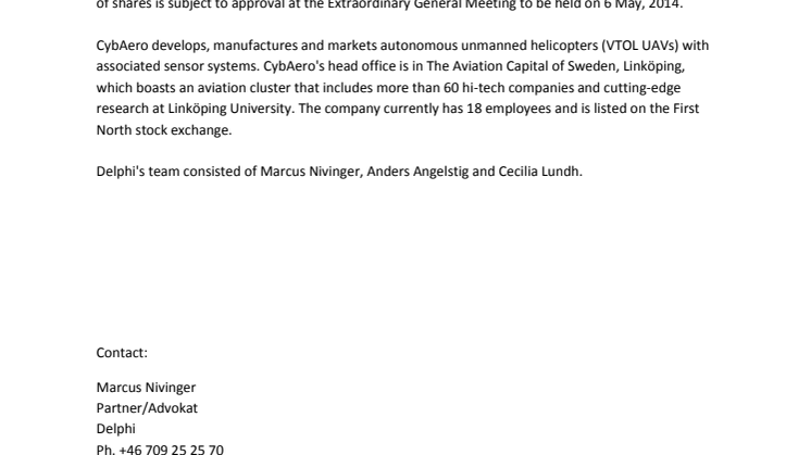 Delphi advisor in connection with CybAero AB’s (publ) private placement