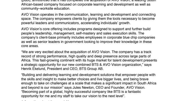 BTS has Acquired a Leading South African Learning & Development Company