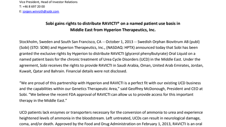 Sobi gains rights to distribute Ravicti® on a named patient use basis in Middle East from Hyperion Therapeutics, Inc.