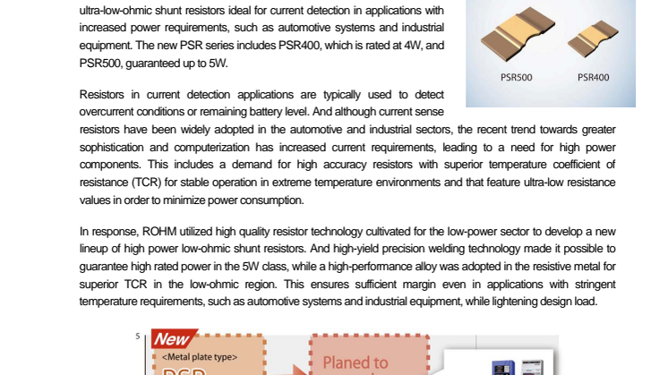 ROHM Semiconductor's High Power Ultra-Low-Ohmic Shunt Resistors: 5W class ideal for current detection in automotive and industrial applications
