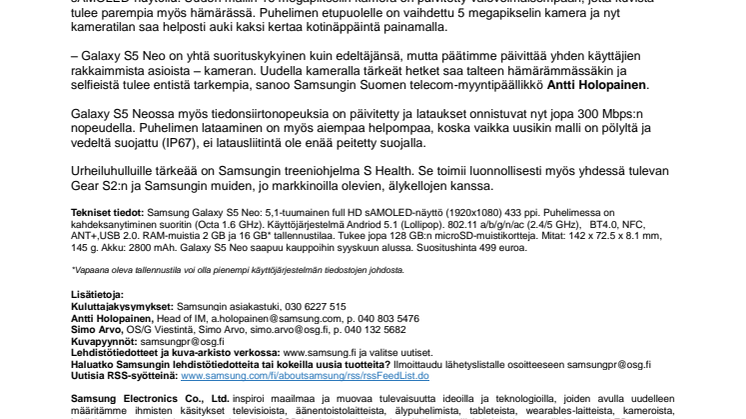 ​Samsung Galaxy S5 Neo – uutta virtaa Samsungin edelliseen lippulaivaan
