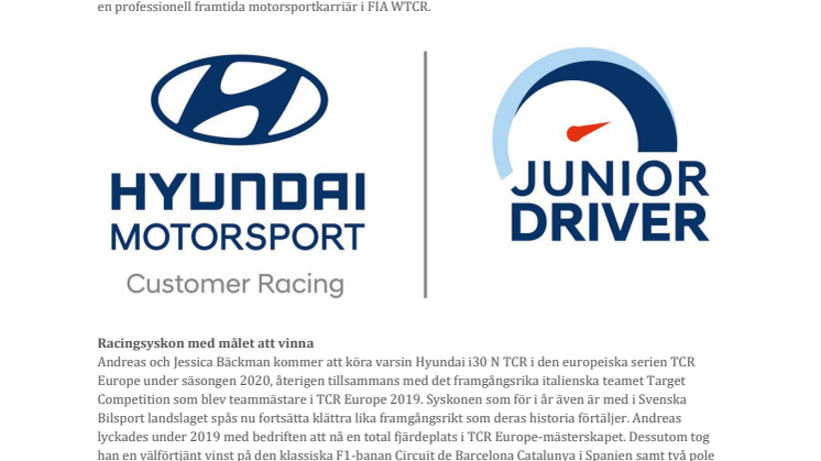 Hyundai juniorsatsar på racingsyskonen Bäckman för andra året i rad
