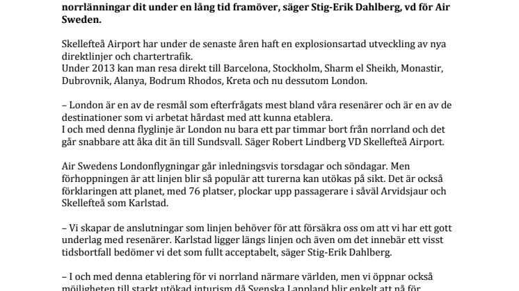 Första londonflygningen från Skellefteå Airport